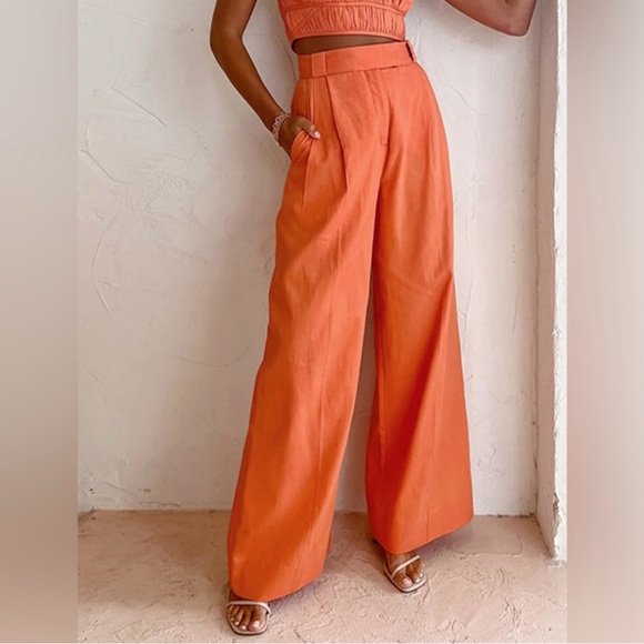 Commense Pants - Commense Pleated Orange Wide-Leg Linen Pants